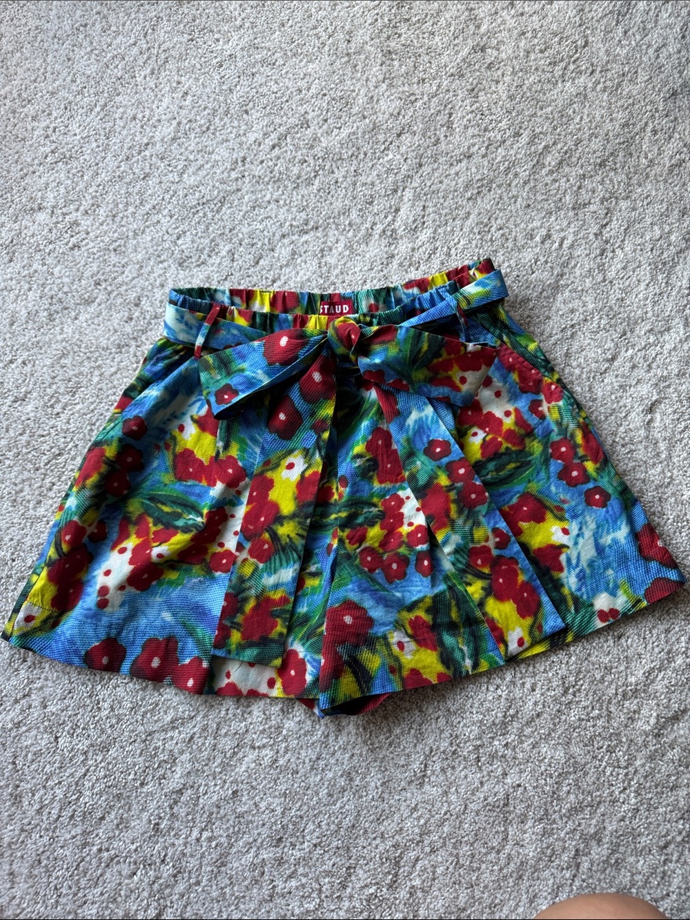 STAUD Blue Floral Tie-Front Skirt with Red & Yellow Accents